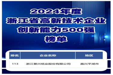 喜报！景兴纸业入选浙江省高新技术企业创新能力500强榜单